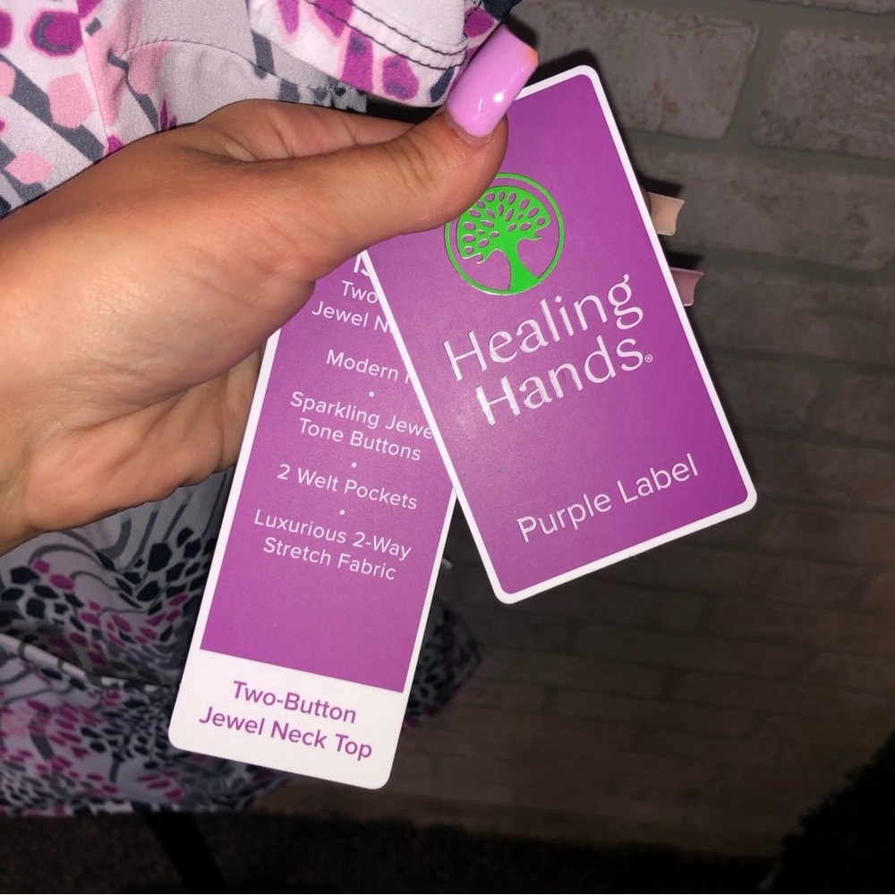 Healing Hands Purple Label Two Button Jewel Neck purple patterned scrub top - Picture 5 of 6